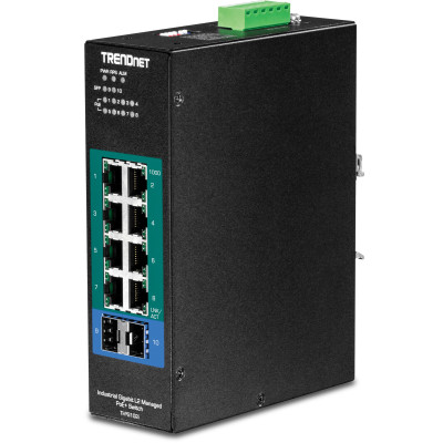 TRENDnet TI-PG102i 10-Port Gigabit Ethernet Switch, 8 Gigabit PoE+, 2 SFP slot, 20 Gbps switching capacity, DIN-rail mount